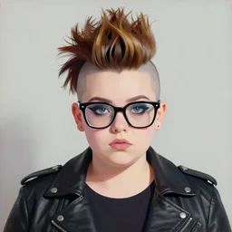 a chubby young goth girl an asymmetrical ombre mohawk wearing oversized euro glasses and a leather jacket. high key, anaglyph lighting, detailed character design, melancholic flat vector bauhaus geometric minimalism by oskar schlemmer, moebius, nagel, john berkey, oil on canvas, portrait facial head, featured on artstation, hd wallpaper, anime art nouveau