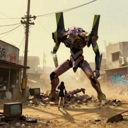 detailed artwork, paper texture, cinematography, drawn girl climbing a dead corpse rusty evangelion robot crashed in deserted dusty shinjuku junk town, tangled overhead wires, telephone pole, old pawn shop, broken tv, harsh shadows, golden hour, fog, dusty, pale yellow sky, bold graffiti