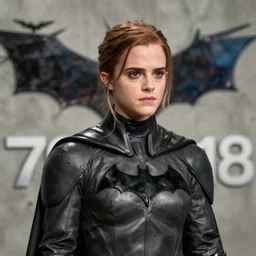 medium shot of emma watson as batman in the dark knight ( 2 0 0 8 ), fully clothed, detailed face, movie still frame, promotional image, imax 7 0 mm footage