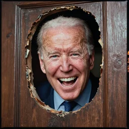 A close-up portrait of Joe Biden's manic crazy face peeking through a hole in a door, film still from The Shining by Stanley Kubrick, Eastman Color Negative II 100T 5247/7247, ARRIFLEX 35 BL Camera
