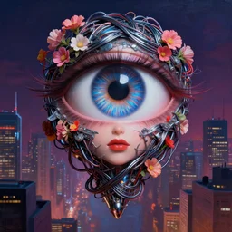 the big eye hovers over the city, portrait of cyberpunk model girl, wrapped in wires and flowers, by john taylor dismukes and dave lafleur, luis royo, beksinski painting, sci - fi art, chrome art, rich deep colors, rendered in blender, ultra realistic, smooth shading, ultra detailed, high resolution, cinematic, unreal 6