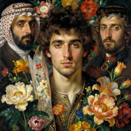 close up of a attractive male surrounded by colourful flowers orientalist intricate portrait by john william waterhouse and edwin longsden long and theodore ralli and nasreddine dinet, hyper realism, dramatic lighting