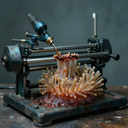 airbrushed chewed wire machine haired sea anemone neon yaw piping alex ross, simon bisley, kelly freas fine art masterpiece baked at 3 0 0 f, matte painting, high quality, hyper detailed, cold lighting, aged with sunlight, award winning horror, photorealistic render, cinematic