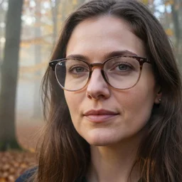 a double exposure of a beautiful extreme close up portrait of a woman, brown hair, glasses, with a landscape photo of an autumn misty morning forest, dappled light, sun rays