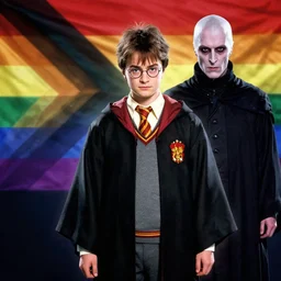 ! dream harry potter with voldemort, pride flag in background, full picture