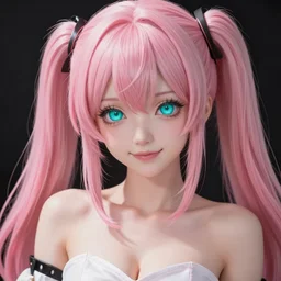 stunningly beautiful omnipotent megalomaniacal anime goddess with porcelain skin, pink twintail hair and mesmerizing cyan eyes, symmetrical perfect face smiling in a twisted, mischievous, devious and haughty way while looking down upon the viewer, mid view, hyperdetailed, 2 d, 8 k