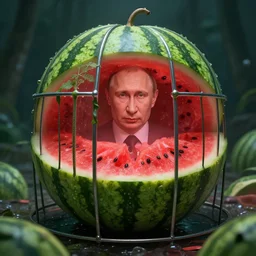 vladimir putin inside a watermelon prison, volumetric illumination, apocalyptic