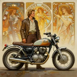 moebius and ralph mcquarrie style retro motorbike motorcycle futuristic sci - fi painting, pulp sci - fi, star wars dune, the incal, alphonse mucha