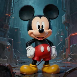 amazing detailed photorealistic painting of mickey mouse in a gritty dark cyberpunk distopian hd, hq