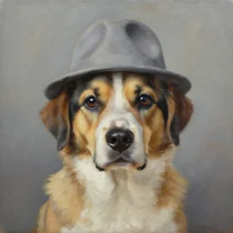 an oil painting of a dog with a hat on its head