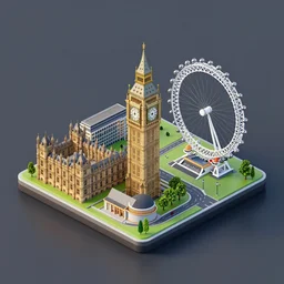 isometric render of london on a small square with big ben, london eye, 3 d render, octane rendered, unreal engine