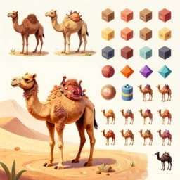 isometric game asset of camel in the desert, in gouache detailed paintings, artgerm, stylized, smooth, 2 d sprites asset sheet, kitbash, arcane, overwatch, many color scheme, 8 k, close up,
