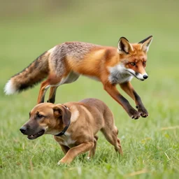 A red fox jumping over a brown dog