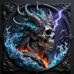 3 d ornate carved dark cosmic king with profile portrait, sigma 5 0 0 mm f / 5. beautiful intricate highly detailed quetzalcoatl skull. bioluminescent, plasma, lava, ice, water, wind, creature, thunderstorm! artwork by tooth wu and wlop and beeple and greg rutkowski, 8 k trending on artstation