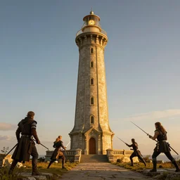 huge medieval fantasy lighthouse, golden hour, clear sky, fantasy digital art, heroic, fight, in style of kyrill kotashev, will murai, tia masic