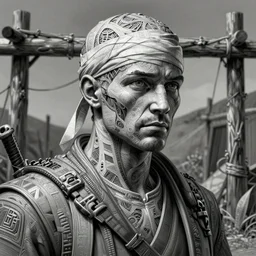 stockade. a wary man with bandages in the head. intricate, elegant, highly detailed, digital painting, artstation, concept art, sharp focus, illustration, by justin gerard and artgerm, 8 k