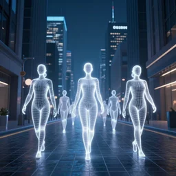 3 d wireframe of city street humans vapour in the air, dark blues, and glowing whites, full colour, hyper realistic photo, unreal engine, upscale, 8 k, masterpiece,