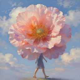 a giant flower head, woman walking, surreal, clouds in sky, impressionist painting, digital painting, artstation, rob gonsalves