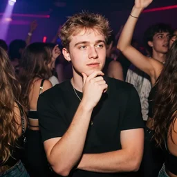 photo of a 4 0 year old white man living thinking he's living the best life possible. he looks young for his age. he is at a dance club, it's as if he were in a music video. sadly he did not realize there is more to life. woman are flocking to him