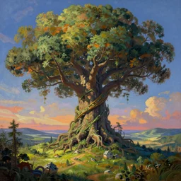 beautiful landscape with the yggdrasil reaching the sky, mythology, fantasy, landscape background, vivid colors, digital painting, very detailed, realistic, high quality, by claude lorrain