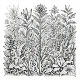 intricate vegetation chalk scriblings plants spices peppers variety incredibly detailed expressionistic dense