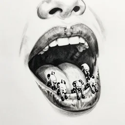 drawing of 1 4 tiny jokers crawling out the mouth of gotham city's finest investigative reporter, 4 k art by brian bolland, graphic novel art