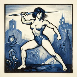 An American realism style Linocut made with Gel pen on Silk of An Unambitious Agile Groupie motivating A Warrior  in the style of Joaquin Sorolla Y Bastida