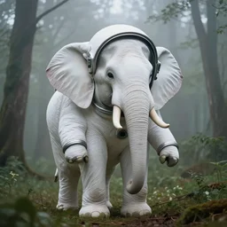 giant elephant wearing white spacesuit with oversized helmet, in the woods, foggy mood, overcast bokeh - c 8