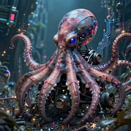 portrait of a a cyborg octopus in a scenic environment, cyberpunk, circuits, sparks, trending on artstation