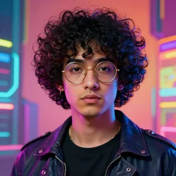 a young cyberpunk curly - haired persian guy wearing round golden glasses by alex grey, psychedelic