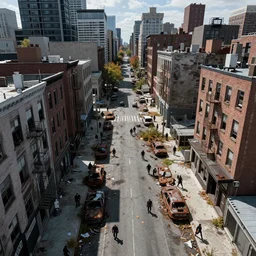 top down aerial view of dilapidated manhatten in real life, desolate with zombies, dilapidated, zombies in the streets, nightmarish, some rusted style parked vehicles, sunny weather, few clouds, volumetric lighting, photorealistic, daytime, autumn, sharp focus, ultra detailed, cgsociety