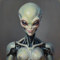 a perfectly centered portrait of an alien biomechanical augmented cyborg robot buddha, female, intense stare, sarcastic smile, volumetric lighting, volumetric shadows, highly detailed, realistic oil painting by tim hilderbrandt,