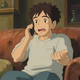 a 50 year old brunnete happy chinese man with puffy cheeks sitting on a couch at home and talking on the phone with a worried face, anime art, Greg Rutkowski, studio ghibli, dramatic lighting