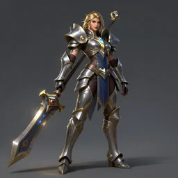 beautiful new female character for league of legends, character concept art, action pose, illustration, full body armor, steel plating, huge weapon, super powers, athletic, symmetry, intricate design, shiny, highly detailed, 4 k, dramatic lighting, art by artgerm and greg rutkowski