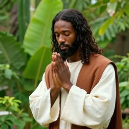 black communist jesus praying with his hands together in prayer hands dressed in robes, in a lush green middle eastern garden, photorealistic, ultra highly detailed, in the style of realism, very colorful
