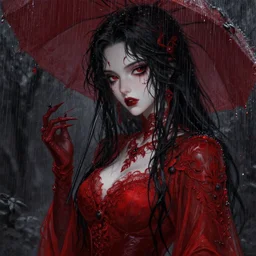 beautiful seductive female dullahan, in the rain, highly detailed, painting, dark red and black color palette, intricate, high quality anime artstyle, in the style of ilya kuvshinov