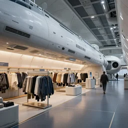Concept art of inside a large passenger spaceship, with a clothing store at the side, from a space themed Serria point and click 2D graphic adventure game, made in 1999, high quality graphics