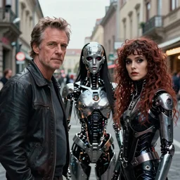 film still of bryan cranston and kesha and a cyborg woman in cosmic horror! the musical by david cronenberg, budapest street background, 3 5 mm film, atmospheric, ultra fine detail, film grain, photorealistic, hyperrealistic dramatic lighting