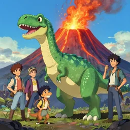 cartoon illustration of a dinosaur in front of an erupting volcano : thomas kinkade hearstone league of legends dofus concept art, style of makoto shinkai, xision, james jean and peter mohrbacher, studio ghibli, artgerm, karol bak, dan mumford global illumination