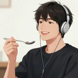 a portait of happy young man holding a spoon while listening to music, logo, high detail, in a style of material anime