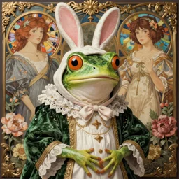 a masterpiece ultrarealistic ultradetailed anime portrait of beautiful frog in bunny costume baroque renaissance. medium shot, intricate, elegant, by stanley artgerm lau, wlop, alphonse mucha, rossdraws, andrei riabovitchev, yoshitaka amano. in style of hayao miyazaki. flower background my james jeand and takashi murakami.