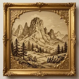 a illustration fantasy wood frame engraving with extreme intrincate details, golden border highly detail ornaments art by fantasy style, centered, facing shot, swords, crowns, dragons! and flames, symmetry, elegant, masterpiece