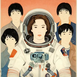 a portrait of young sigourney weaver from the movie alien in a spacesuit by shin hanga and kawanabe kyosai and katsuhiro otomo and shohei otomo and satoshi kon, and greg rutkowski weta studio and lucasfilm, woodblock print, coherent, global illumination, golden ratio, flat colors, thick black outlined,