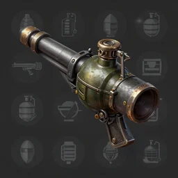 isometric heavy dieselpunk grenade launcher | | dark matte background, stylized weapon icons, digital painting, by greg rutkowsky, trending on artstation