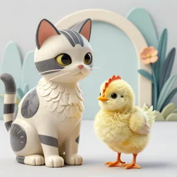 hen and little chicken at cat art deco style high quality