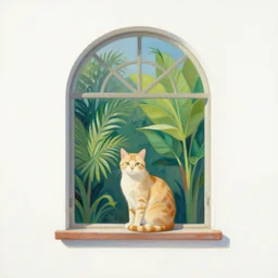 gouache painting of a cat and tropical plants sitting in a single arched window, white background, midcentury modern