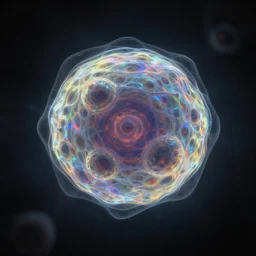iridescent biology cell in the center, background of darkness, digital painting, concept art, artstation
