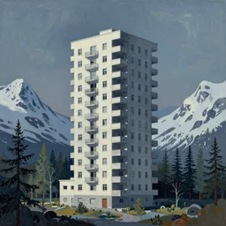 a brutalism and constructivism tower apartment building, Tundra forest of Norway landscapes. Concept art, fauvism style, alien background