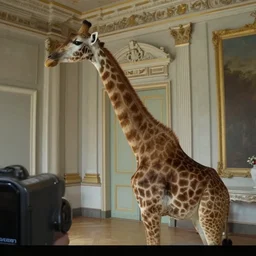 mini dv camera footage of a girafe in a neoclassical room, photograph, very low quality, high detailled, trail cam