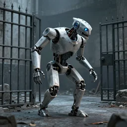robot minotaur patrolling a brutalist prison